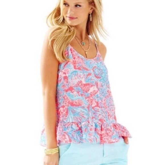 Lilly Pulitzer Coral Pink Blue Sun Ray Ruffled Peplum Tank Top Shirt Cami XL NWT - Picture 11 of 11